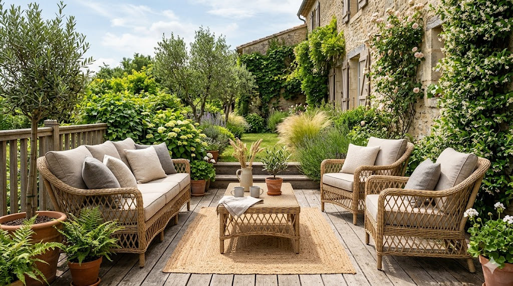 Salon de Jardin en Rotin Naturel avec Table Basse et Coussins, Terrasse Contemporaine Image
