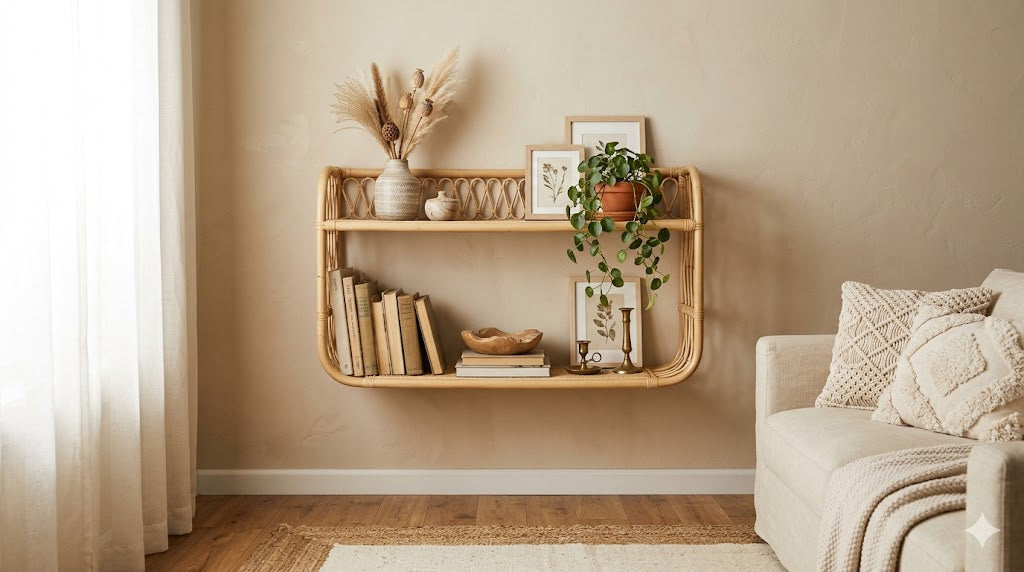 Étagère en Rotin Naturel Murale Tressée, Style Bohème, Salon Contemporain Image
