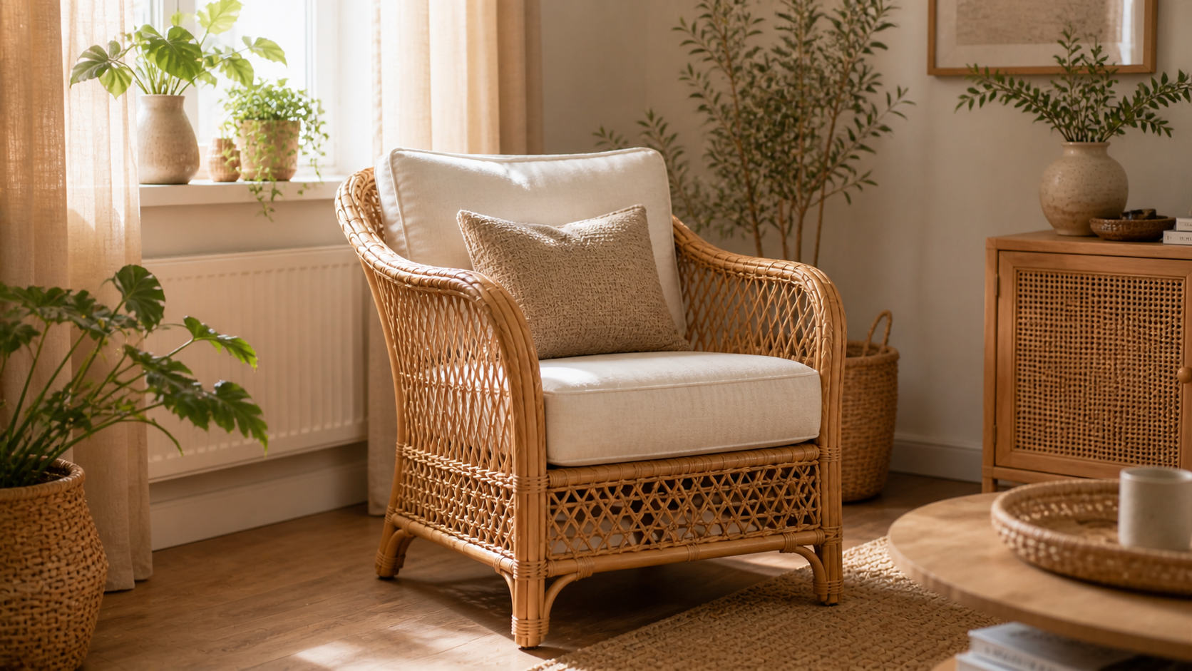 Fauteuil en Rotin Naturel Tressé avec Coussin, Style Bohème, Salon Contemporain Image