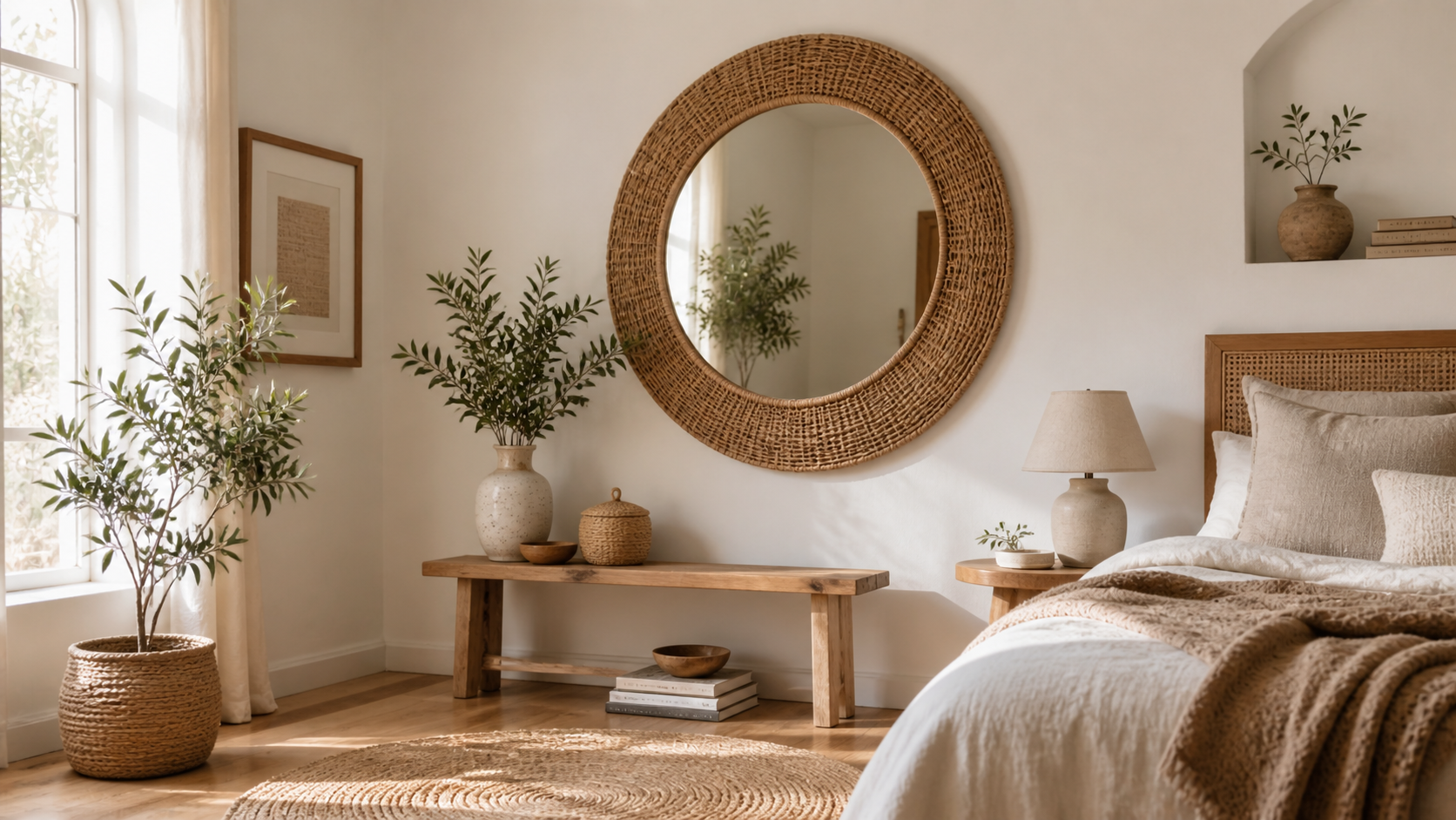 Miroir en Rotin Naturel Tressé Rond, Style Bohème, Chambre Contemporaine Image