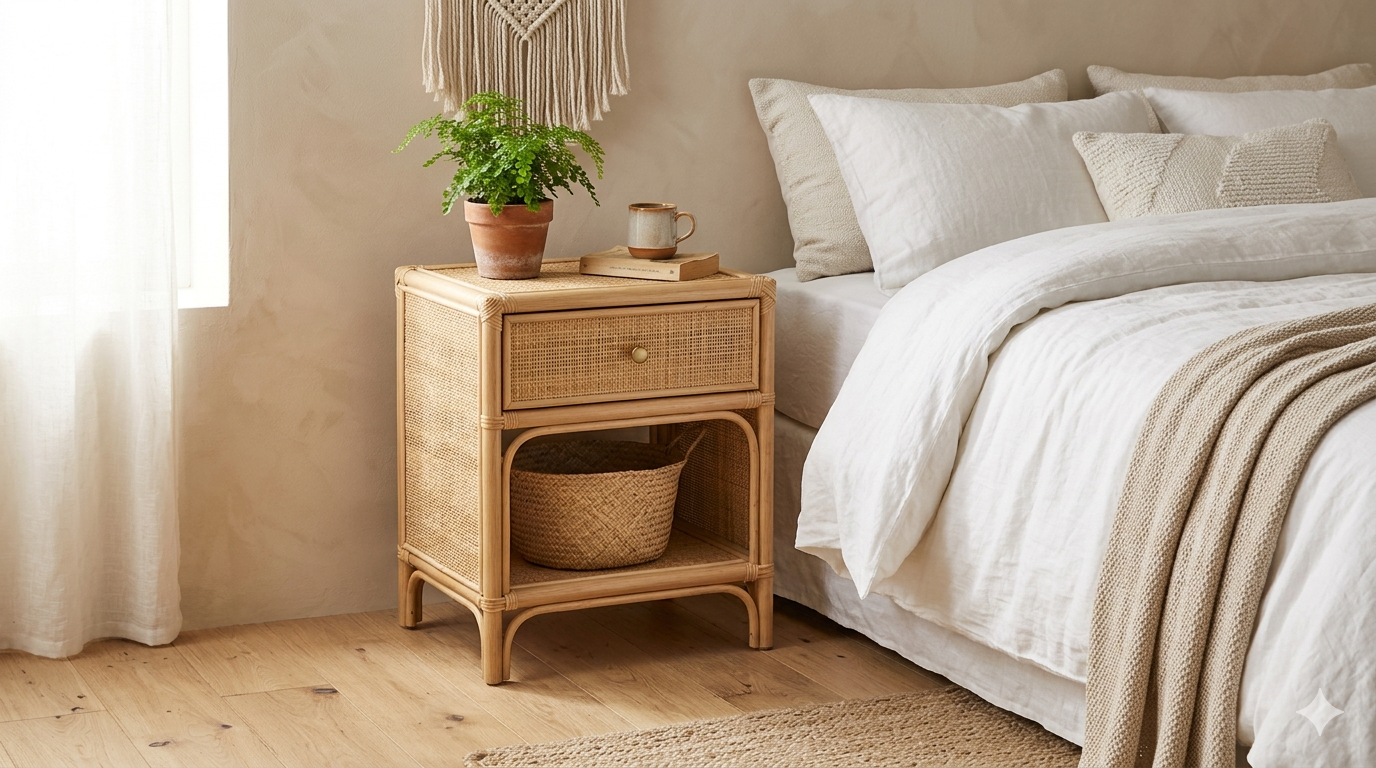 Table de Chevet en Rotin Naturel Tressé avec Tiroir, Style Bohème, Chambre Adulte Image