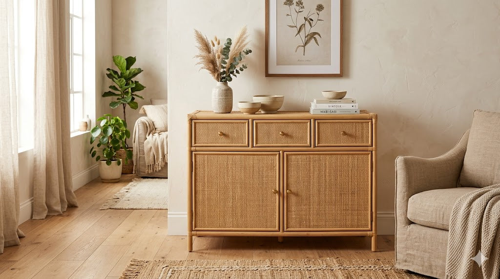Meuble en Rotin Naturel Tressé avec Tiroir, Style Bohème, Salon Contemporain Image