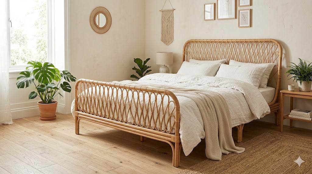 Lit en Rotin Naturel Tressé avec Tête de Lit, Style Bohème, Chambre Adulte Image