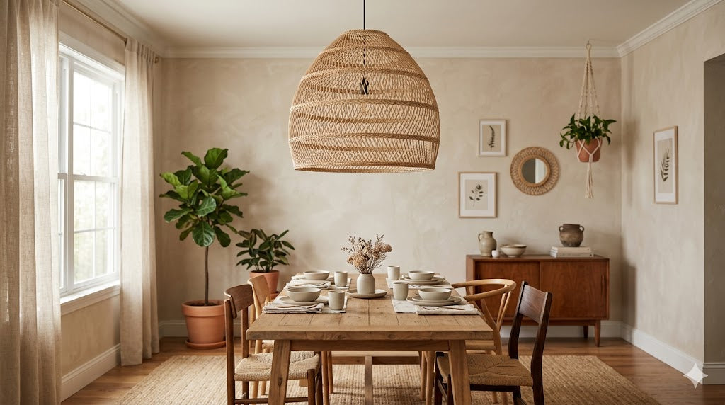 Suspension Luminaire en Rotin Naturel Tressé Ronde, Style Bohème, Salon Contemporain Image
