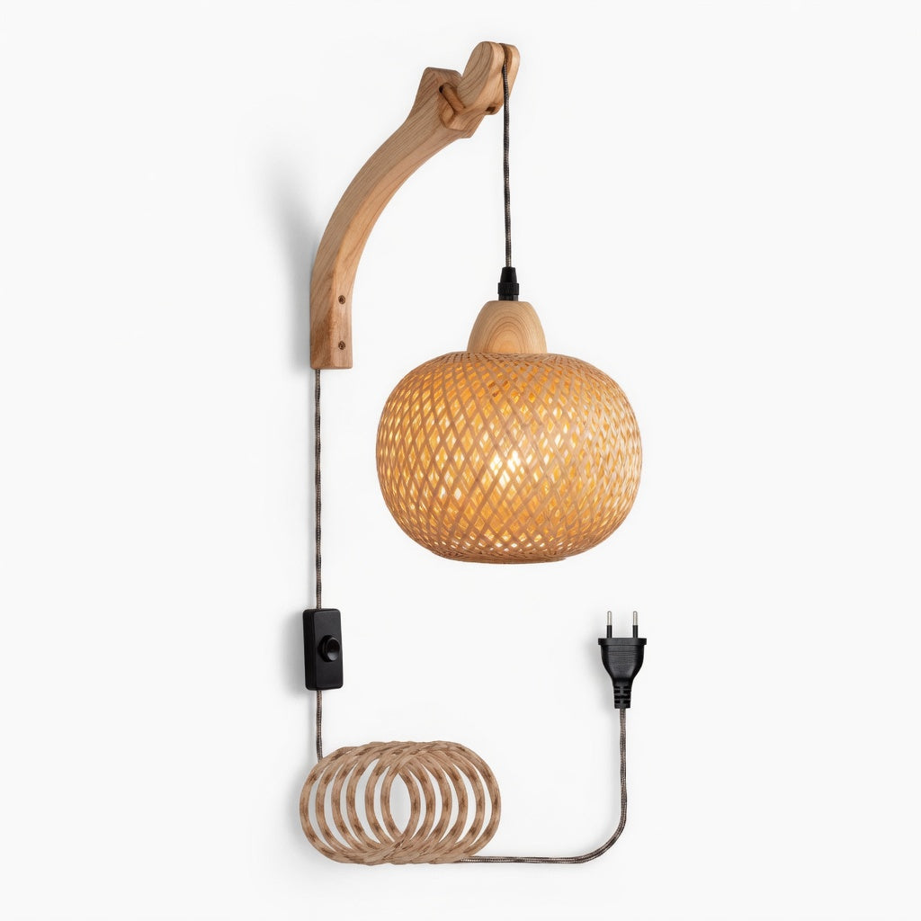 Applique Murale Rotin Bambou Boule 
          Bras Bois Naturel avec Interrupteur 
          On/Off et Câble Tressé Fond Blanc
