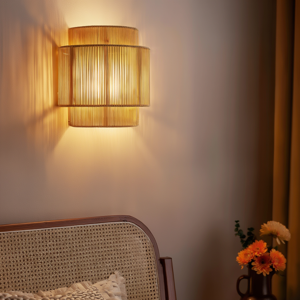 Applique Murale Rotin Bambou Naturel 
          Allumée dans une Chambre Style Bohème 
          Lumière Chaude Tamisée