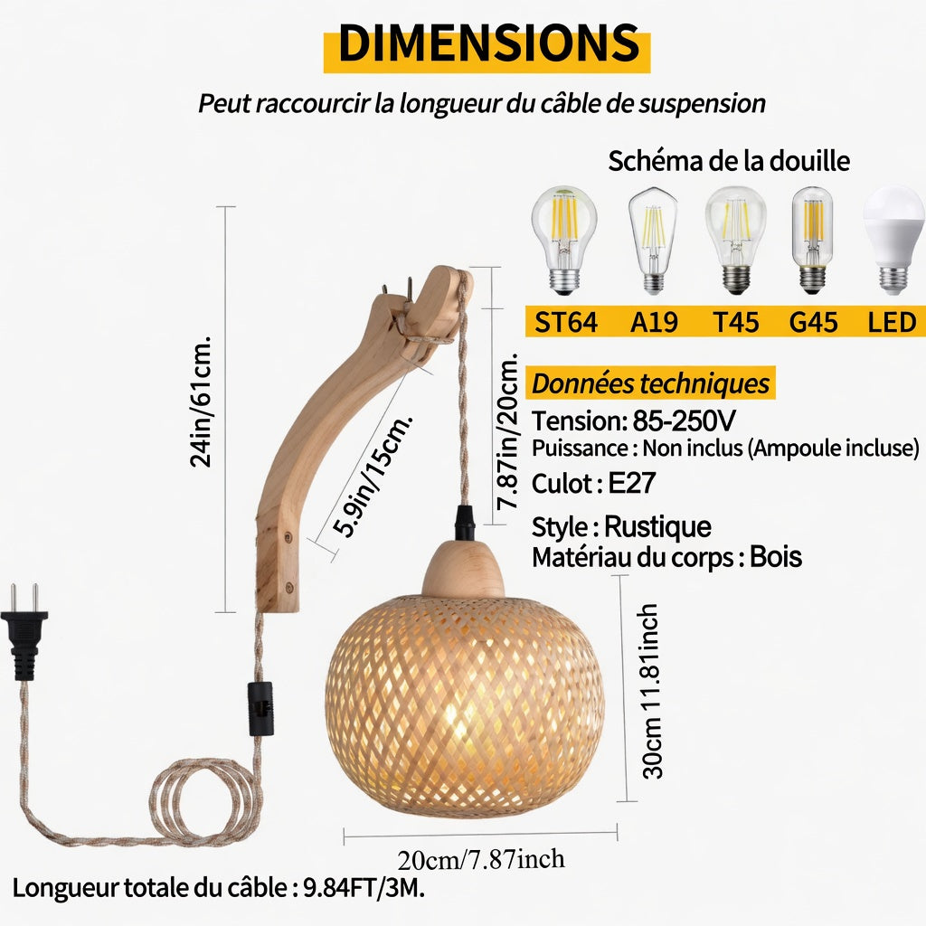 Applique Murale Rotin Boule Dimensions 
          Diamètre 20cm Hauteur 61cm Câble 3m 
          Douille E27 Tension 85-250V
