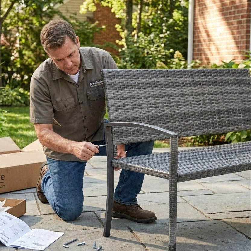 Banc rotin jardin en cours de montage | structure acier gris anthracite | RotinDéco