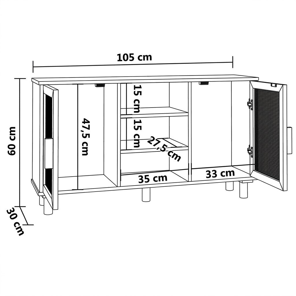 Schéma technique du buffet bois et rotin avec dimensions : 105 x 60 x 30 cm, compartiments intérieurs détaillés