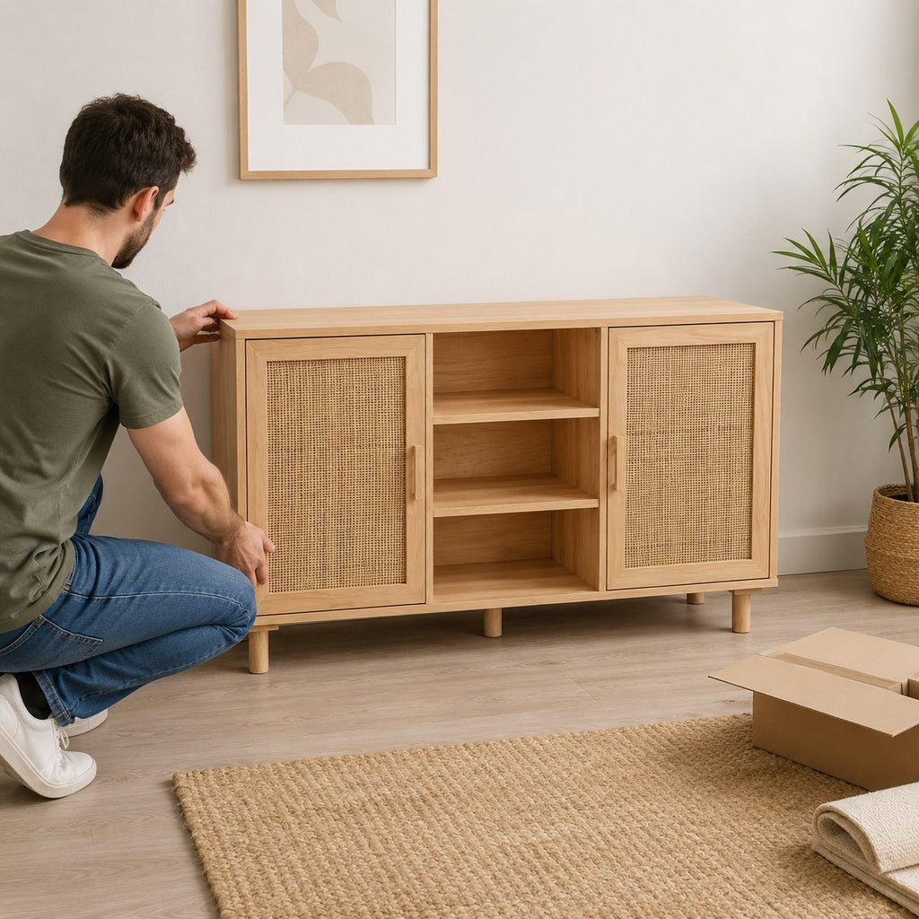 Homme en train d'assembler un buffet en bois et rotin naturel dans un salon clair