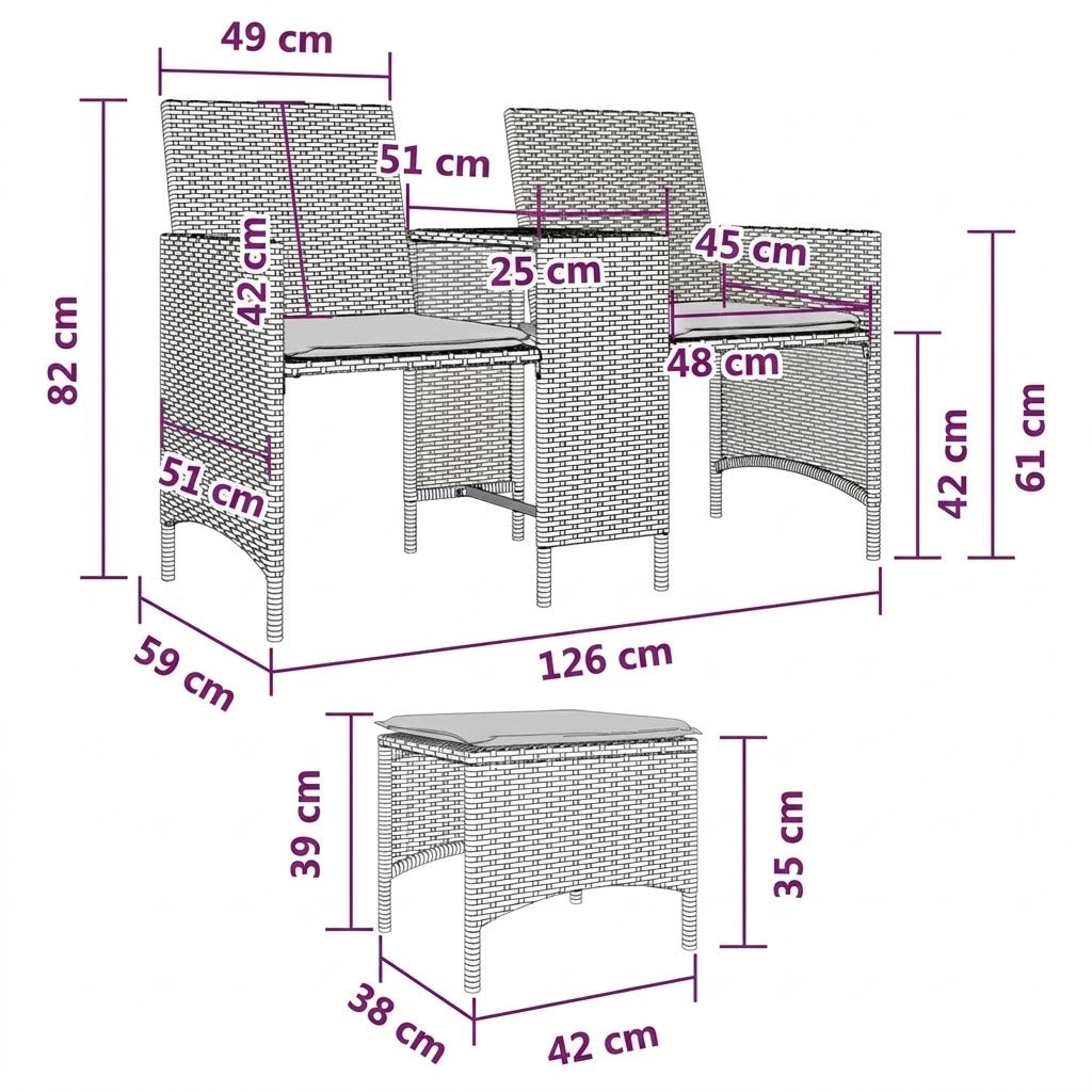  Dimensions canapé rotin 2 fauteuils | 126 x 59 x 82 cm | repose-pieds 42 x 38 cm | RotinDéco
