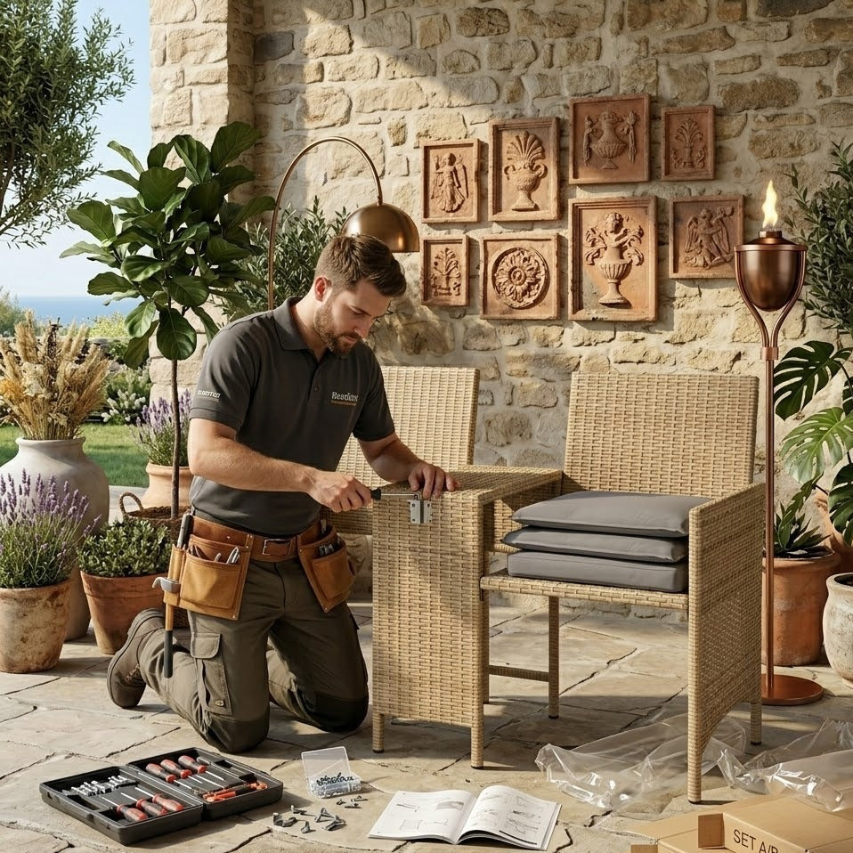 Canapé rotin 2 fauteuils beige en cours de montage | terrasse en pierre | RotinDéco