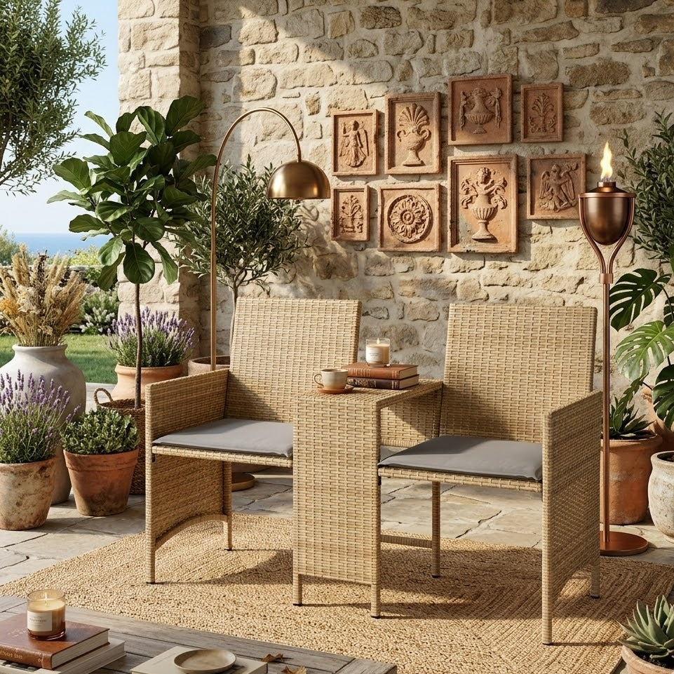 Canapé rotin 2 fauteuils | table centrale intégrée | coussins gris | terrasse extérieure | RotinDéco