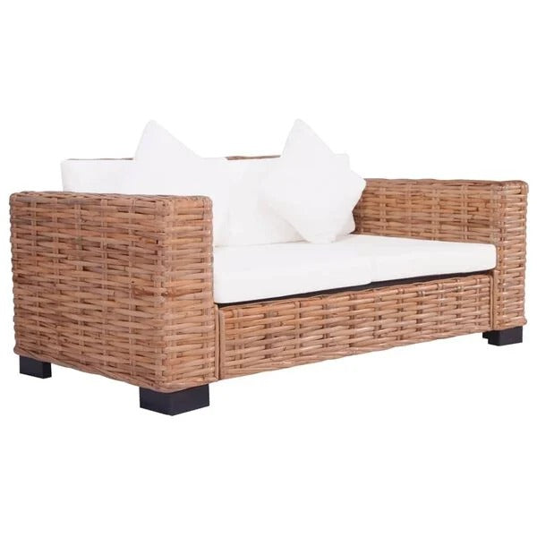 Canapé rotin naturel 2 places | coussins blanc crème amovibles | fond blanc | RotinDéco