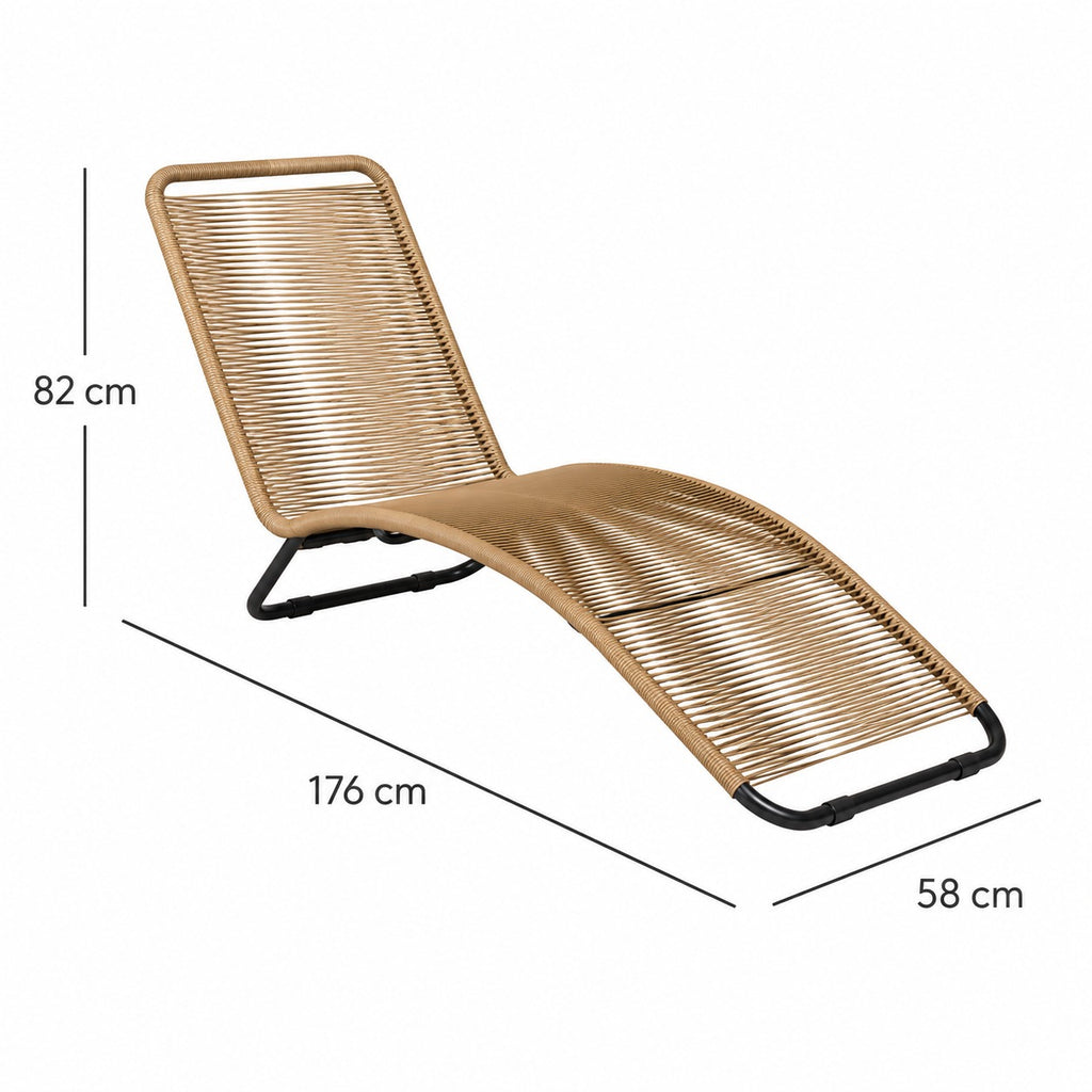 Schéma technique de la chaise longue de jardin en rotin extérieur avec dimensions 176 x 58 x 82 cm et structure métal noir