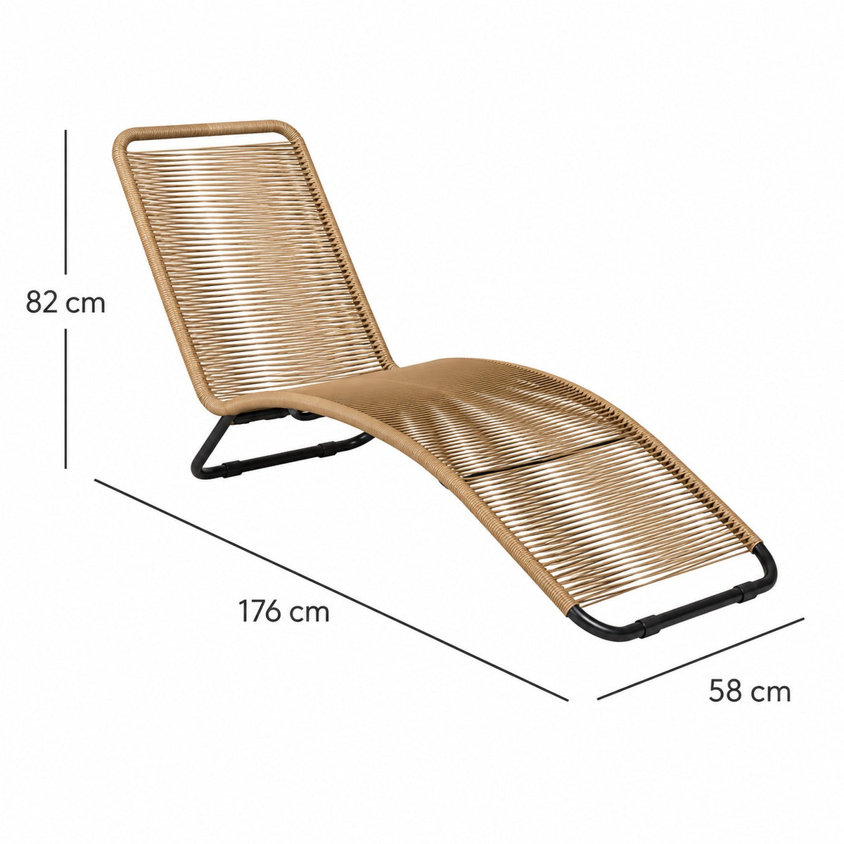 Schéma technique de la chaise longue de jardin en rotin extérieur avec dimensions 176 x 58 x 82 cm et structure métal noir