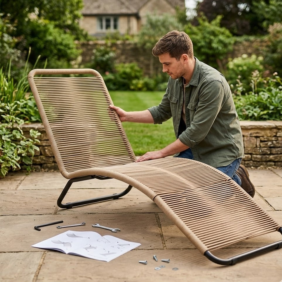 Homme en train d'assembler une chaise longue en rotin naturel extérieur sur une terrasse en pierre