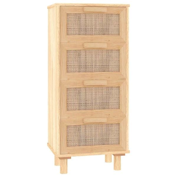 Chiffonnier colonne en bois naturel avec 4 tiroirs à façade en rotin tressé, vue de face sur fond blanc