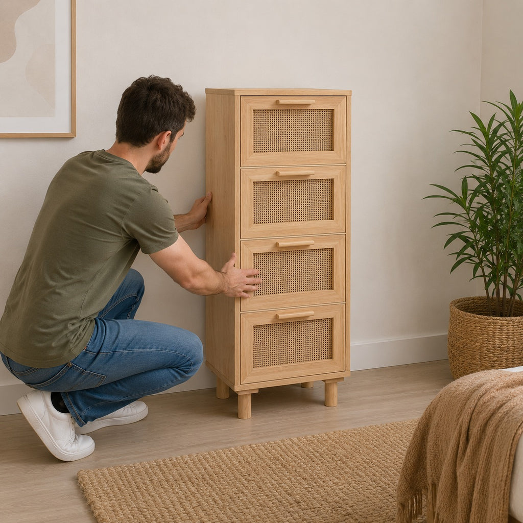 Homme en train de positionner un chiffonnier colonne en bois et rotin dans une chambre claire