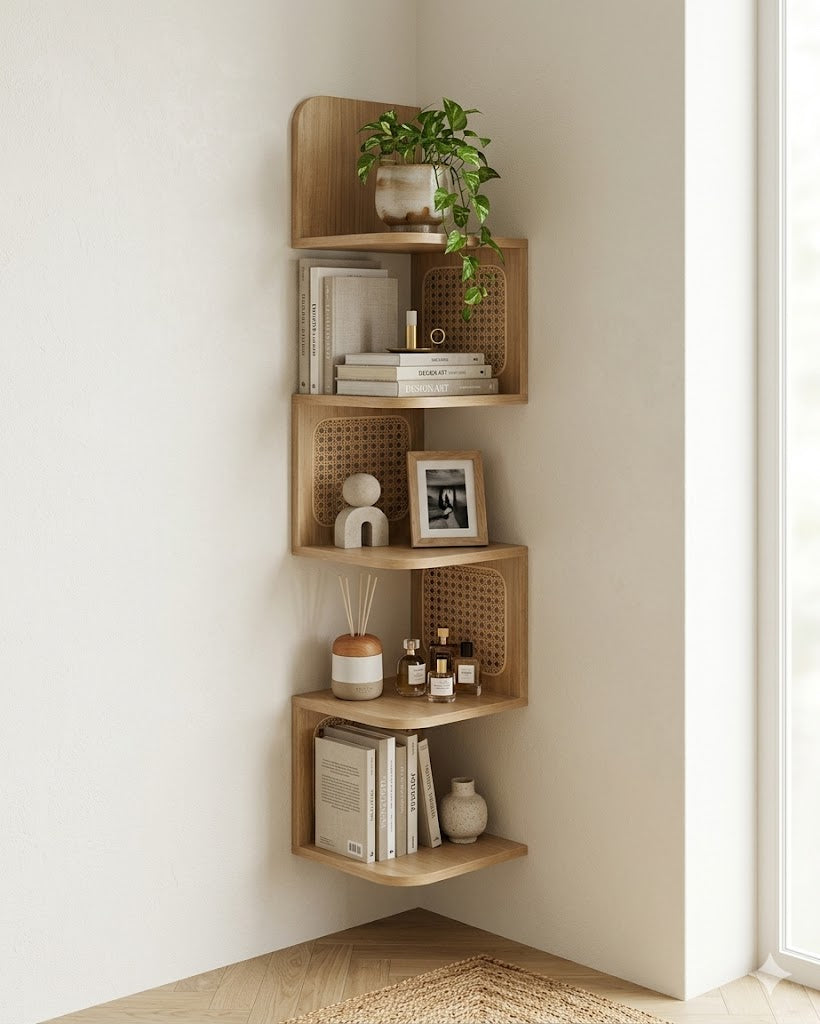 Étagère d'angle murale en bois et rotin 5 niveaux installée dans un angle de salon avec objets décoratifs