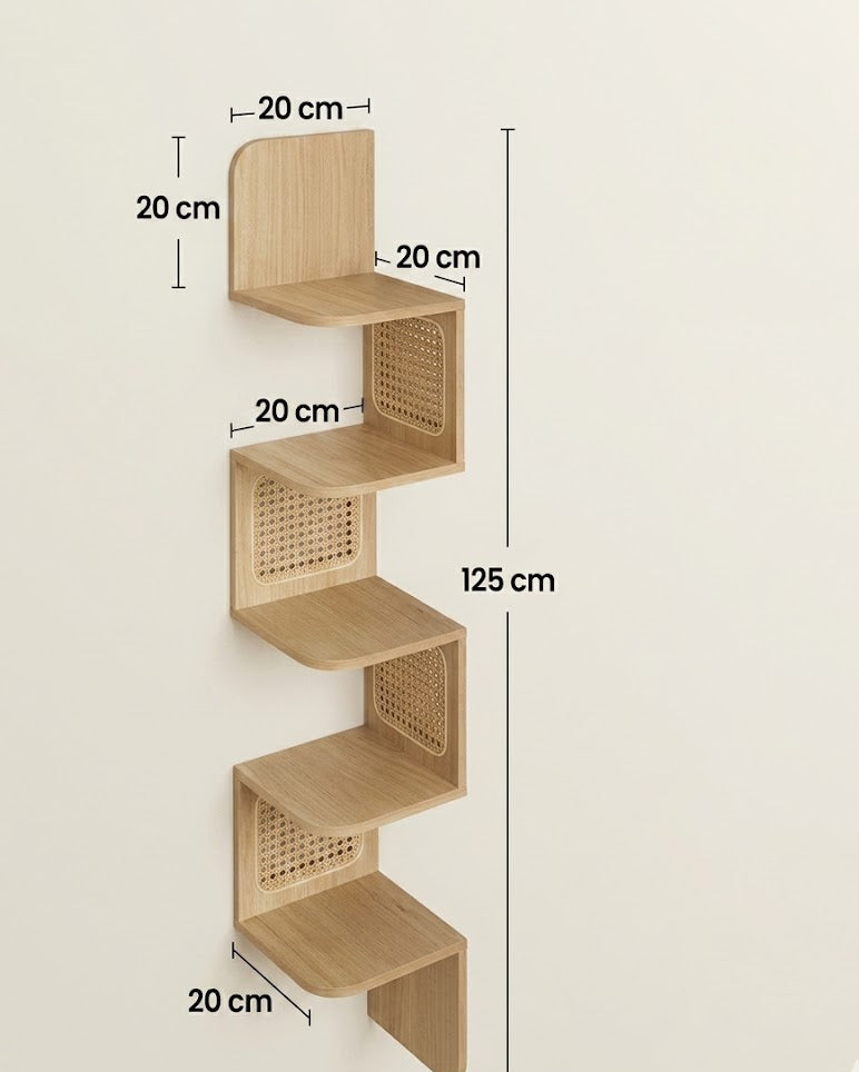 Schéma technique de l'étagère d'angle murale en bois et rotin avec dimensions 20 x 20 x 125 cm par niveau