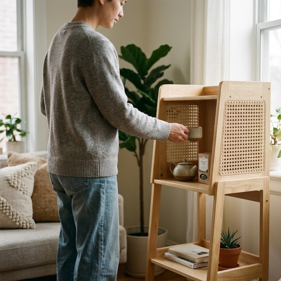 Personne disposant des objets sur une étagère haute en bois et rotin 2 niveaux dans un salon naturel
