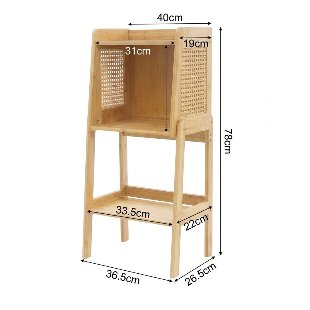 Schéma technique de l'étagère haute en bois et rotin avec dimensions 40 x 26,5 x 78 cm et détails intérieurs
