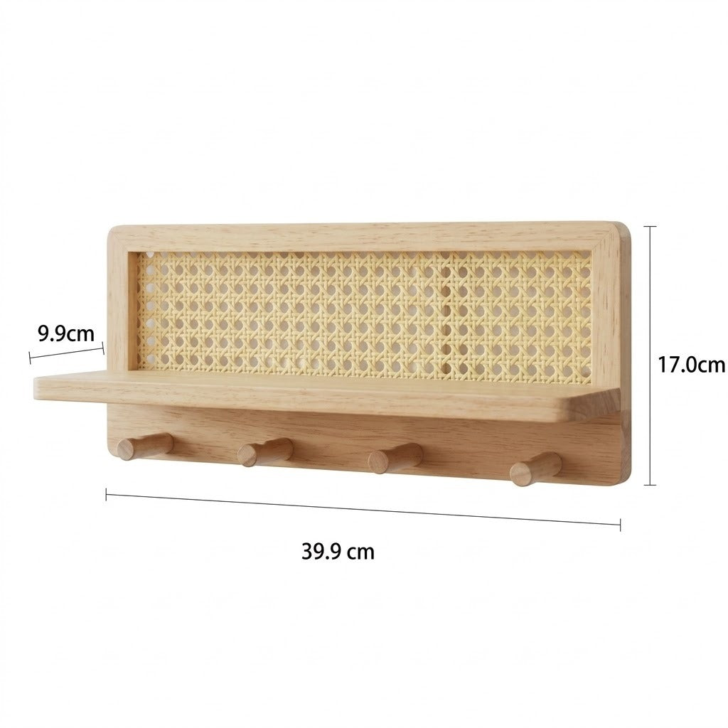 Schéma technique de l'étagère murale en bois et rotin avec tablette et 5 crochets, dimensions 39,9 x 9,9 x 17 cm