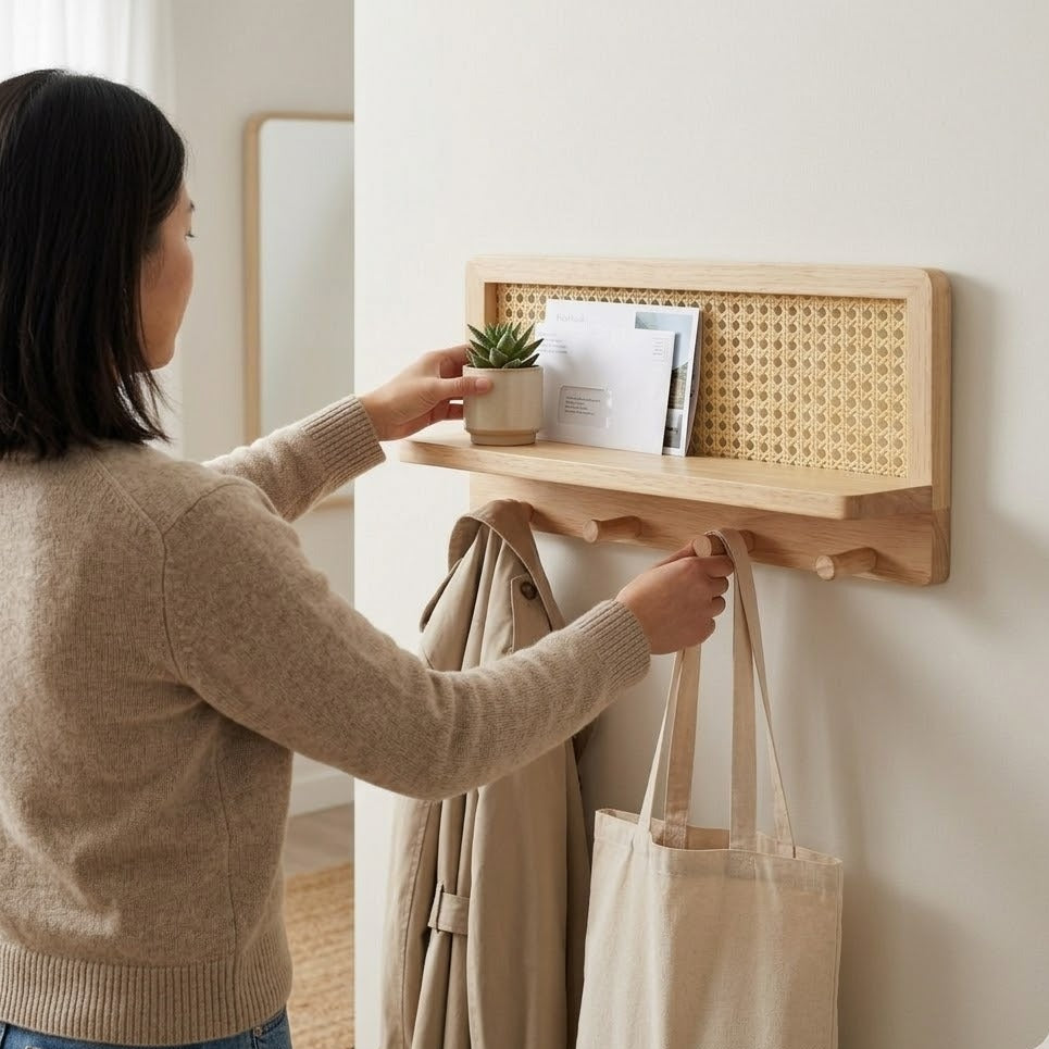 Femme accrochant un sac sur les crochets d'une étagère murale en bois et rotin dans une entrée