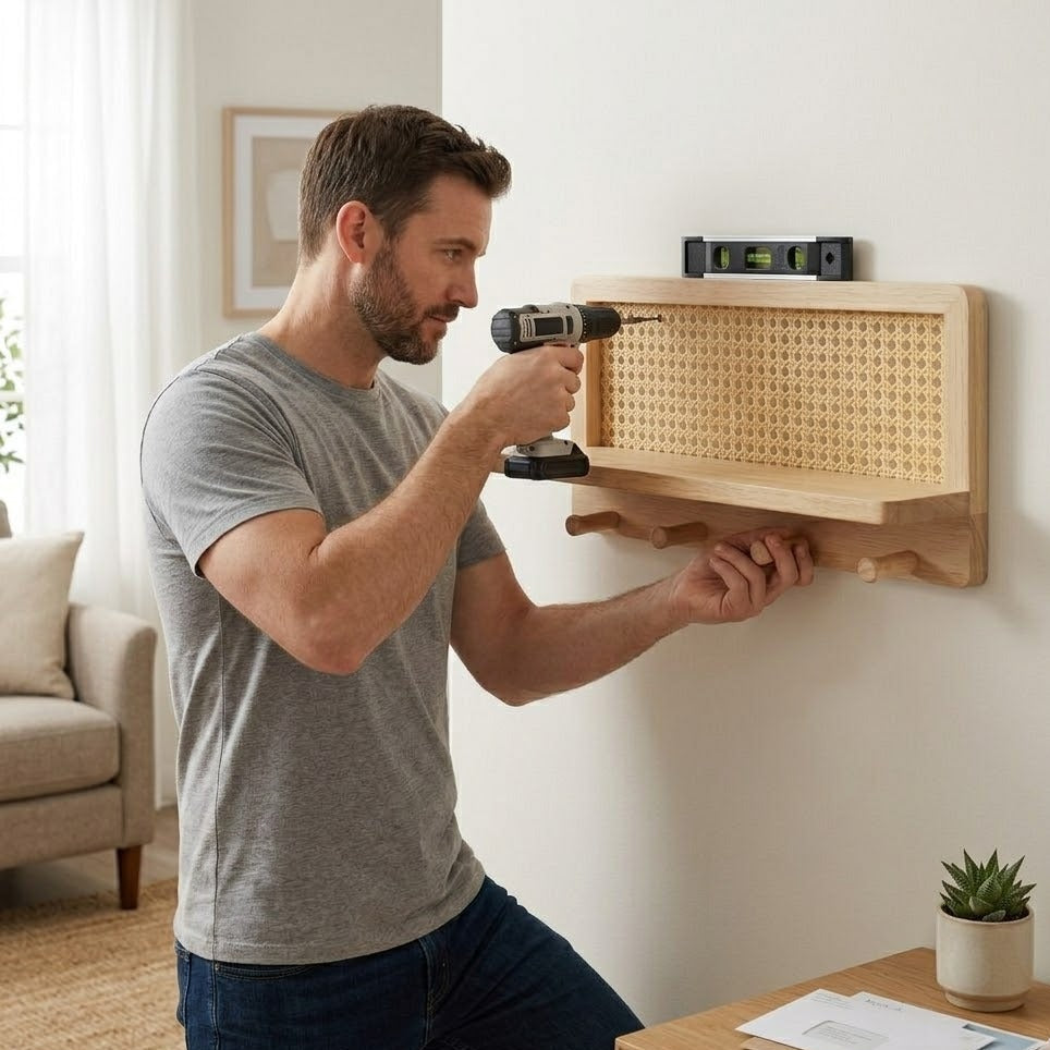 Homme en train de fixer une étagère murale en bois et rotin avec tablette et crochets sur un mur blanc