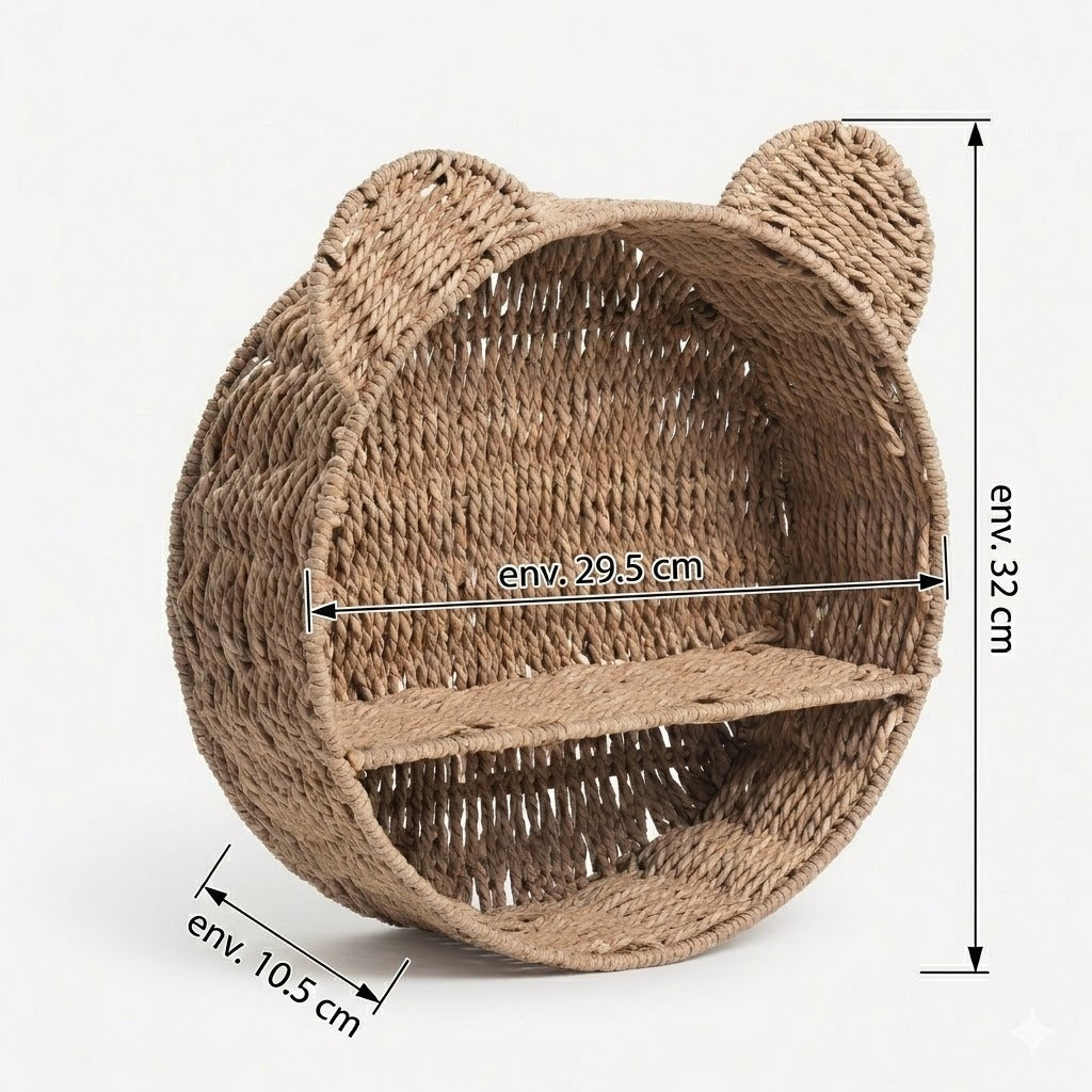Schéma technique de l'étagère murale ronde en rotin forme ours avec dimensions Ø 29,5 cm x H 32 cm x P 10,5 cm