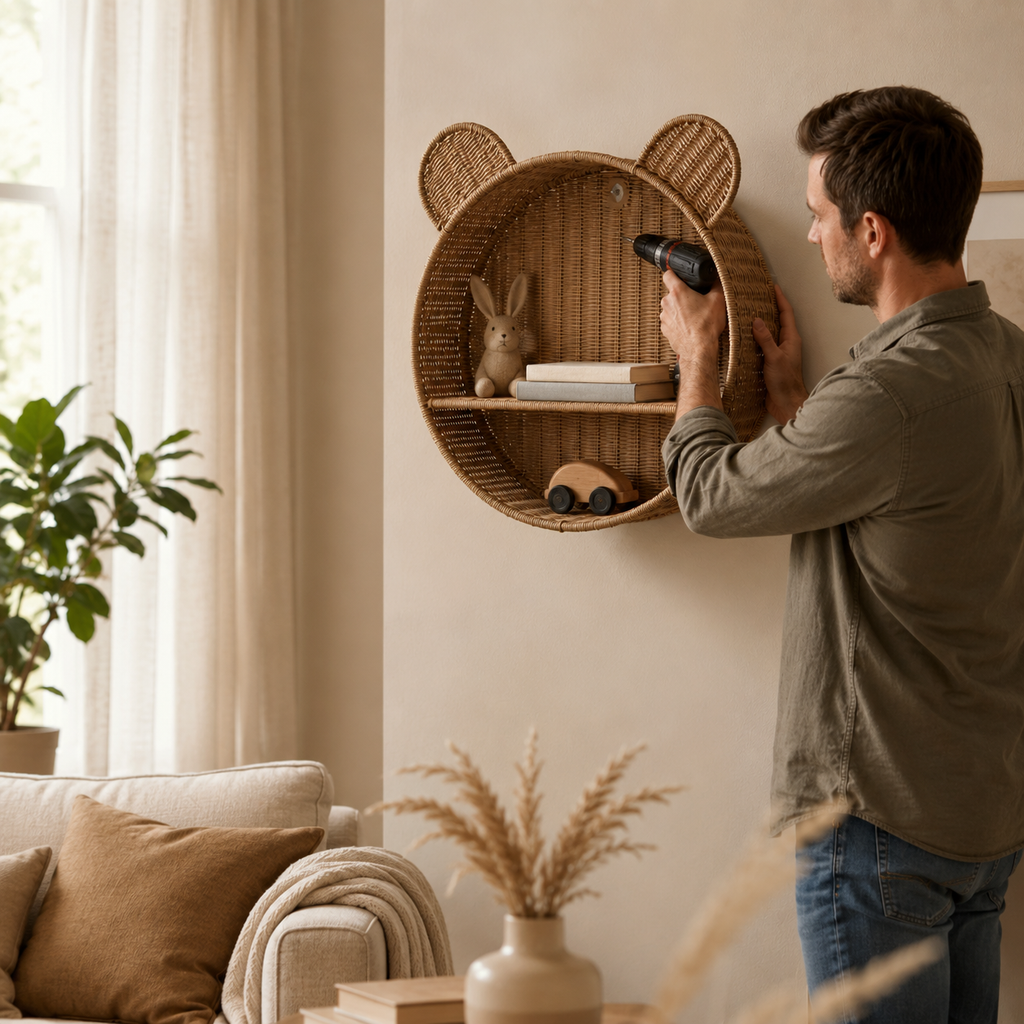 Homme en train de fixer une étagère murale ronde en rotin forme ours sur un mur de salon