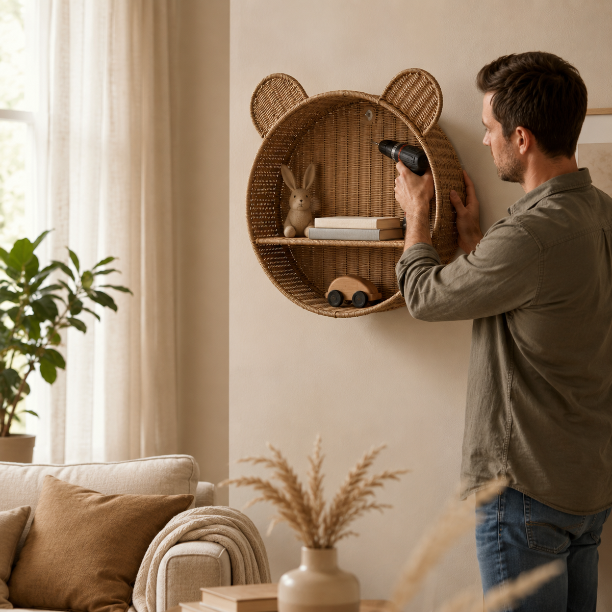 Homme en train de fixer une étagère murale ronde en rotin forme ours sur un mur de salon