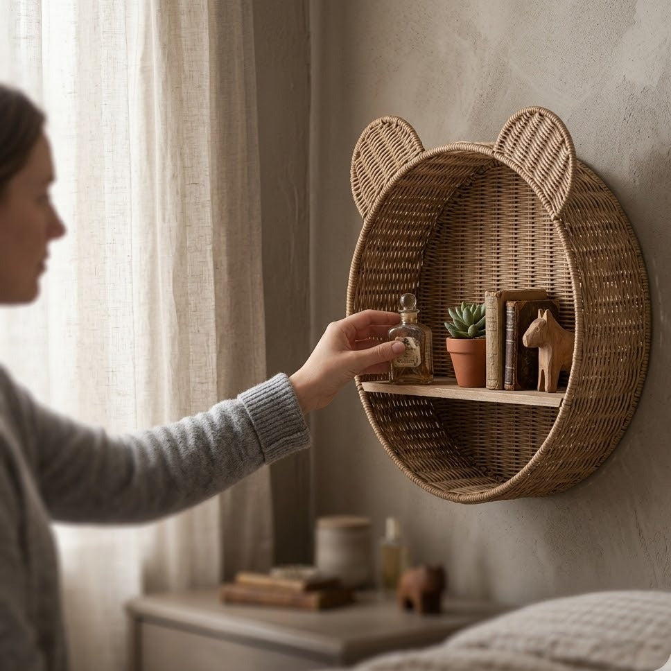 Personne disposant des objets décoratifs sur une étagère murale ronde en rotin forme ours dans une chambre