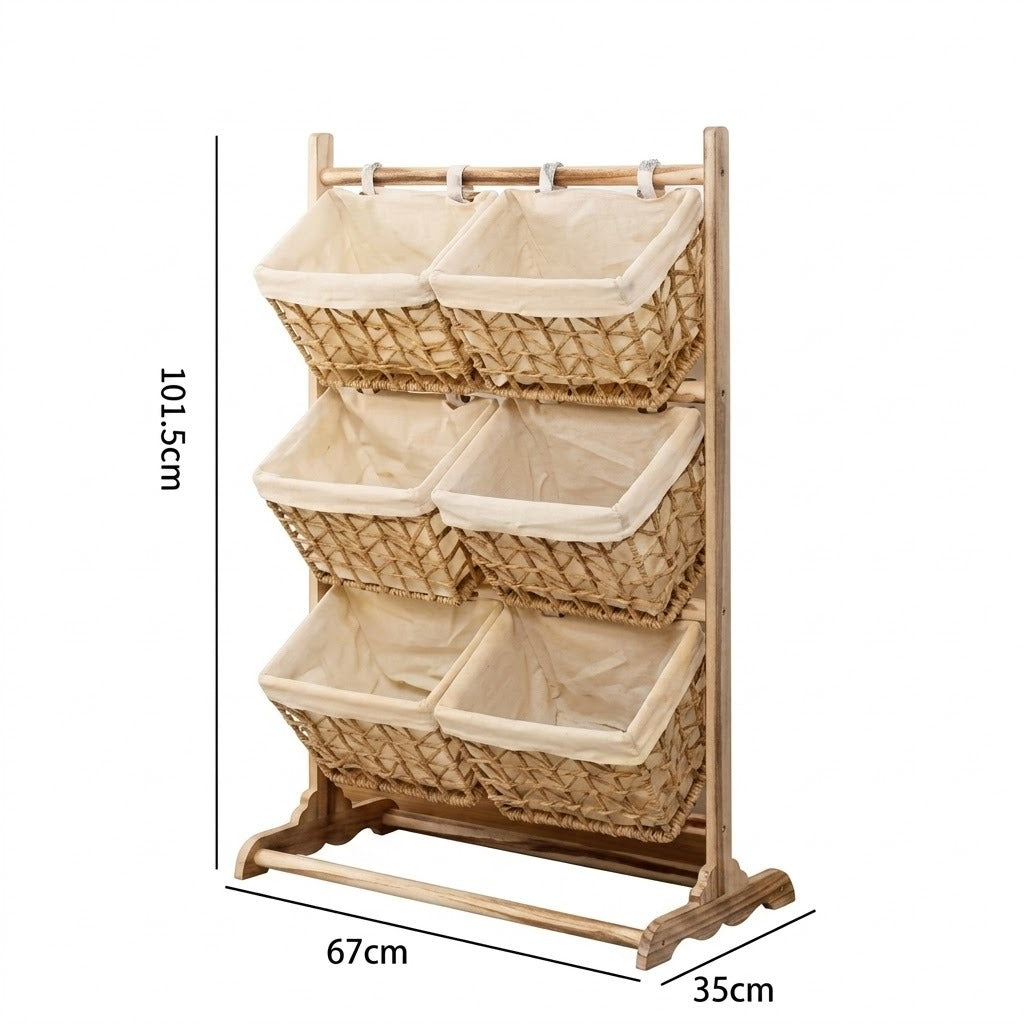 Schéma technique de l'étagère de rangement rotin et bois avec dimensions 67 x 35 x 101,5 cm sur fond blanc