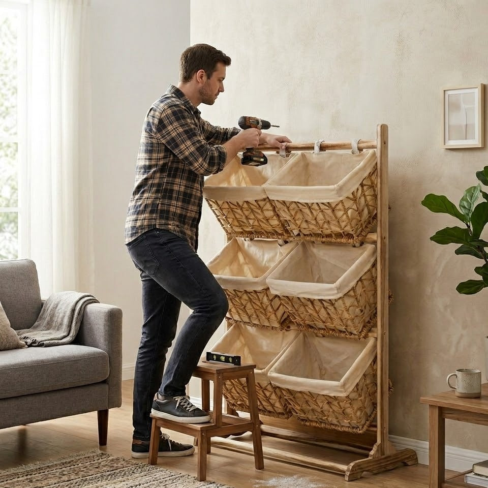 Homme en train d'assembler une étagère de rangement en rotin et bois avec 6 paniers tissu dans un salon