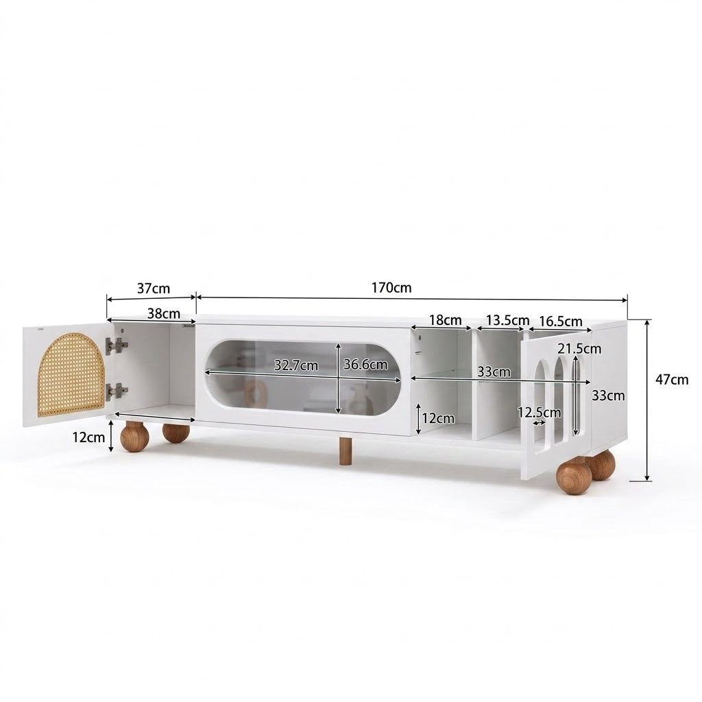 Schéma technique du meuble TV blanc 170 cm avec toutes les dimensions intérieures et extérieures annotées, portes ouvertes