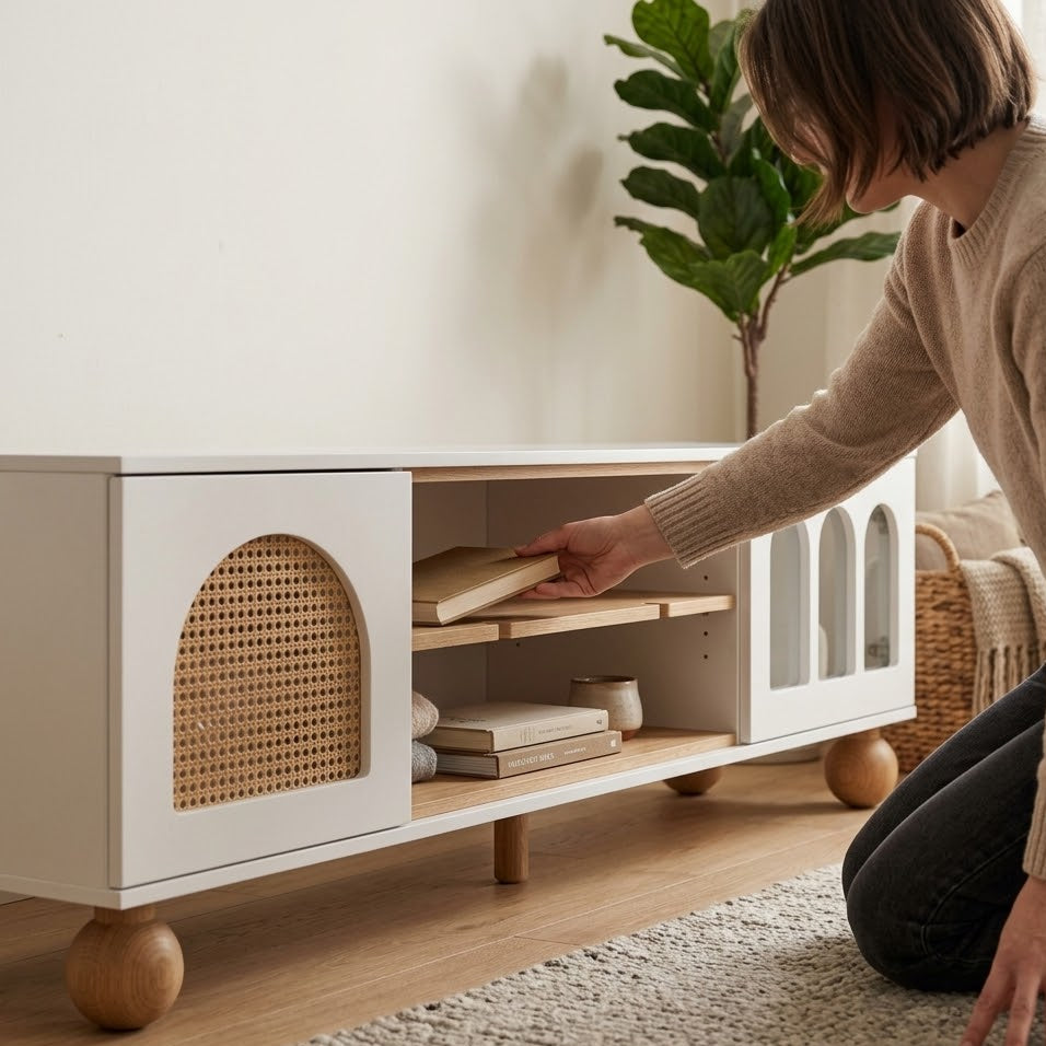 Femme rangeant des livres dans la niche centrale ouverte d'un meuble TV blanc avec porte en rotin et pieds boules en bois