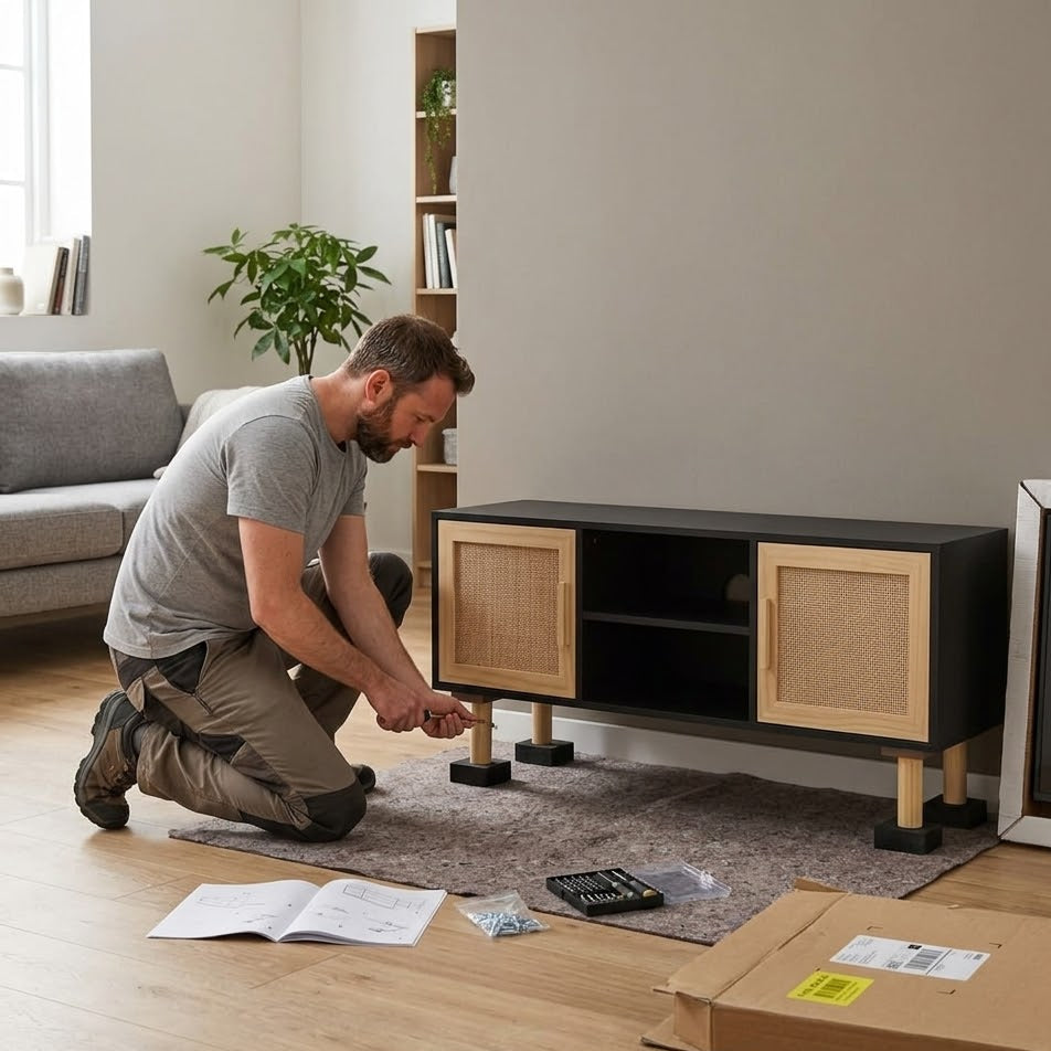 Homme en train de fixer les pieds d'un meuble TV noir avec portes en rotin beige dans un salon contemporain