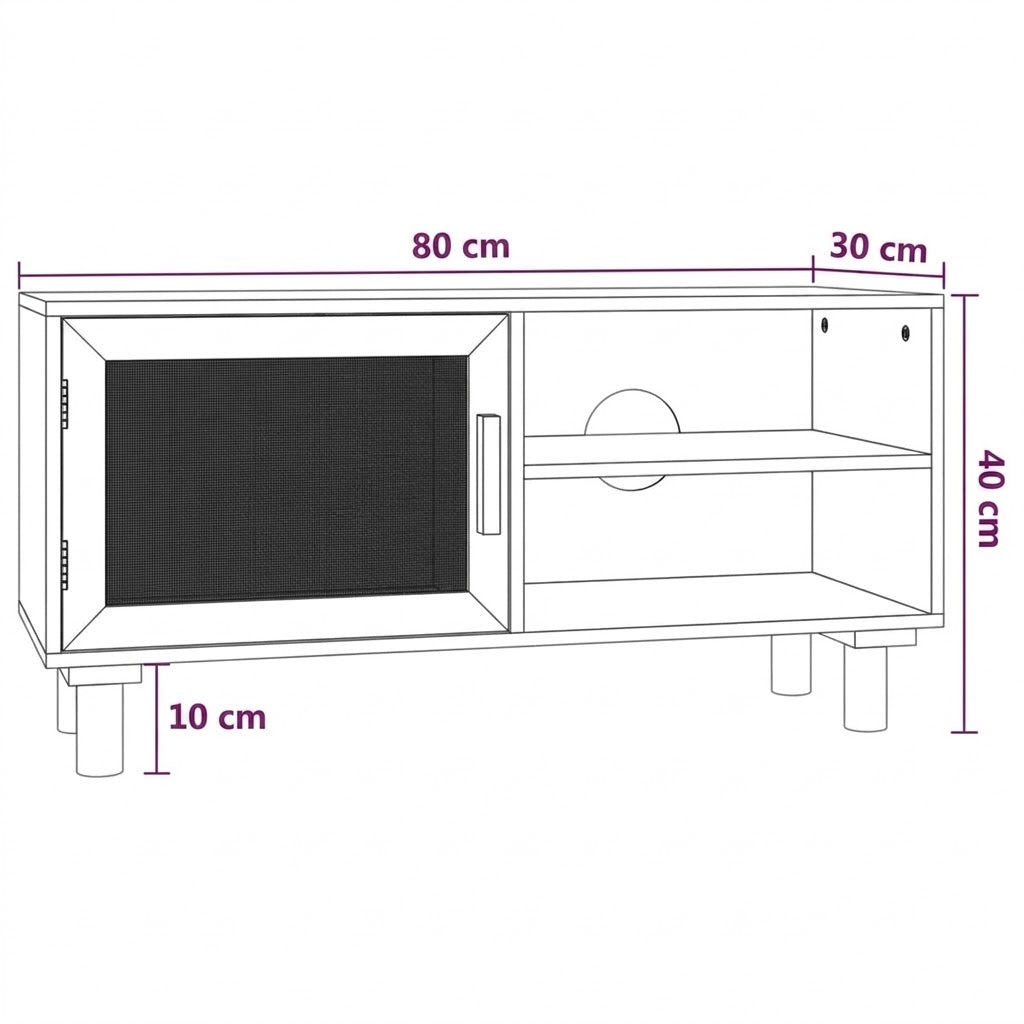 Schéma technique du meuble TV noir 80 cm avec dimensions annotées : 80 cm de largeur, 30 cm de profondeur, 40 cm de hauteur et pieds de 10 cm