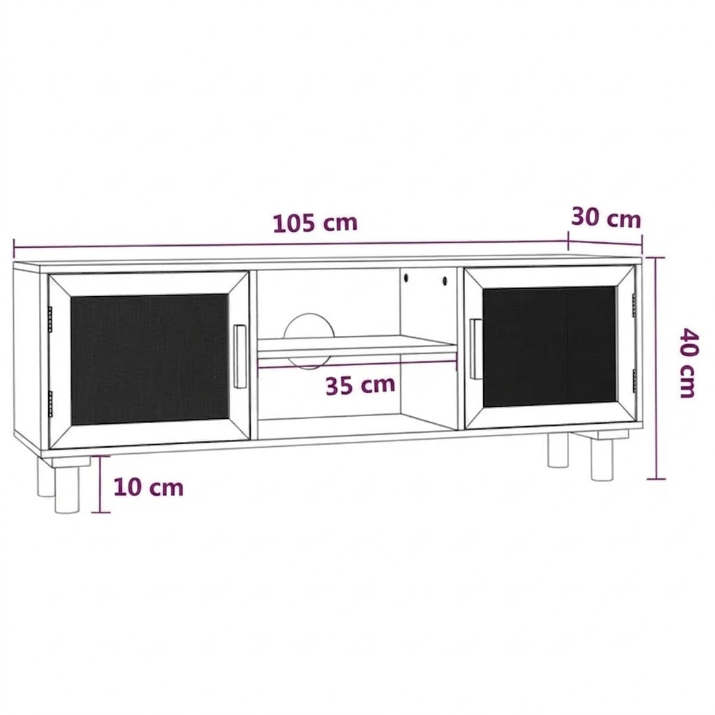 Schéma technique du meuble TV avec dimensions : 105 cm de largeur, 30 cm de profondeur, 40 cm de hauteur et pieds de 10 cm