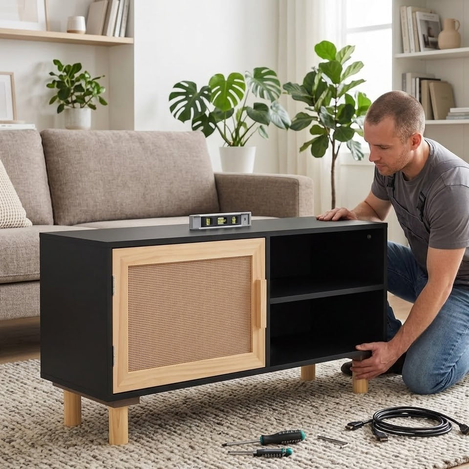 Homme en train de fixer un pied sur un meuble TV noir compact avec porte en rotin beige dans un salon avec canapé beige et plantes