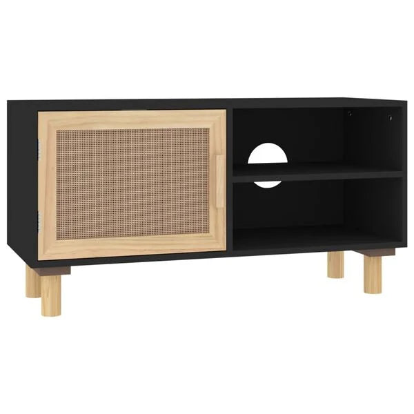 Vue en angle du meuble TV noir 80 cm avec porte battante en rotin à gauche et niche ouverte deux niveaux à droite sur fond blanc
