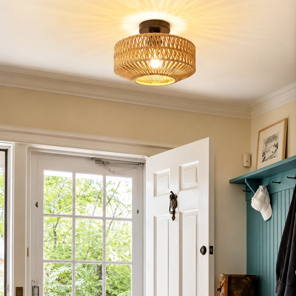 Plafonnier Rotin Naturel Allumé 
          au Plafond Entrée Maison Style Contemporain
