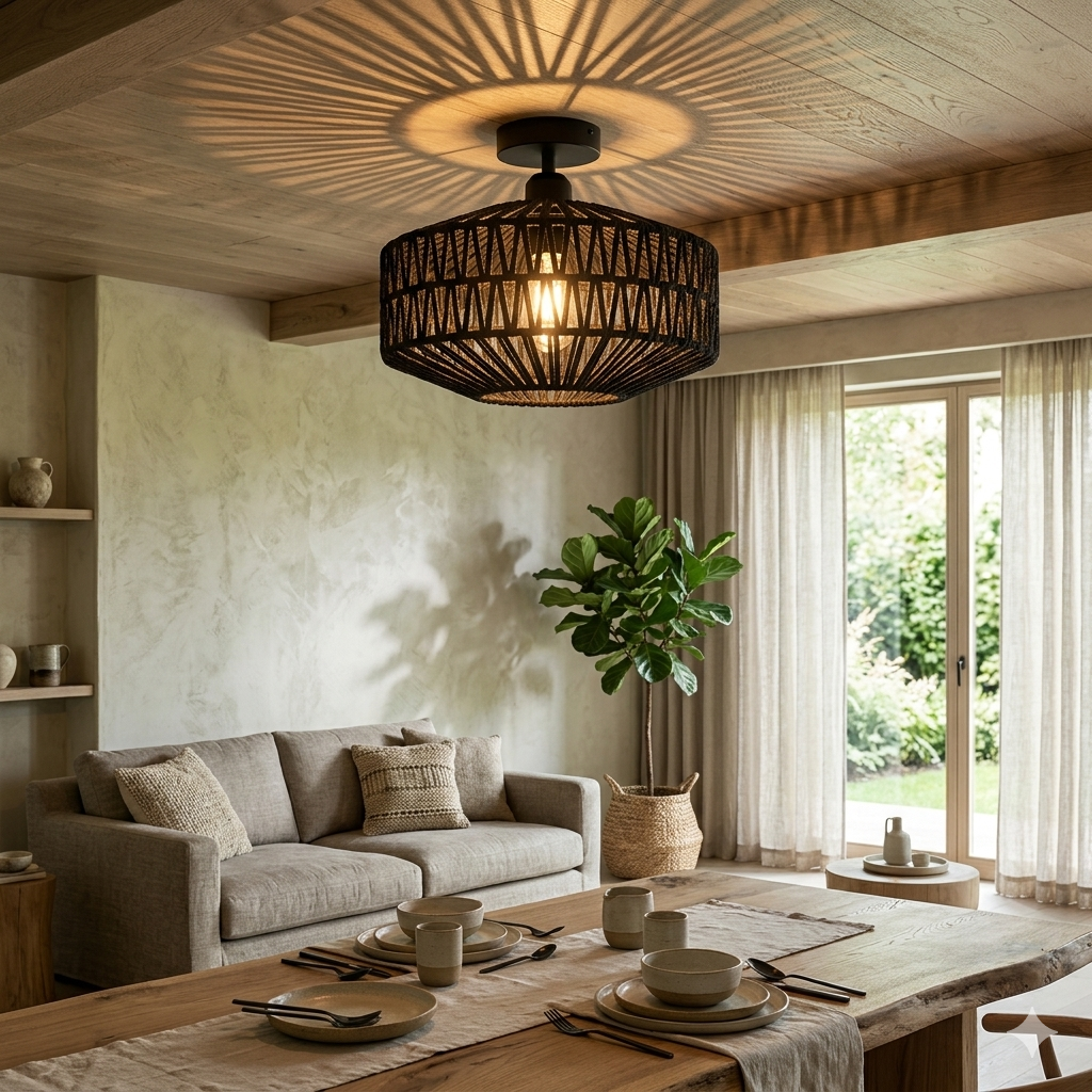 Plafonnier Rotin Noir Allumé Salon 
          Salle à Manger Jeux de Lumière 
          Style Bohème Contemporain