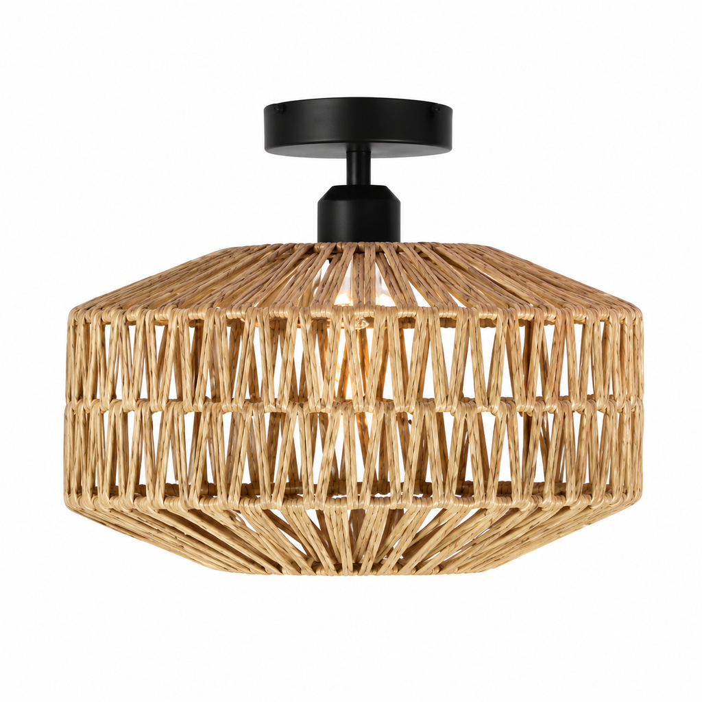 Plafonnier Rotin Tressé Forme Hexagonale 
          Naturel Beige Embout Métal Noir Fond Blanc
