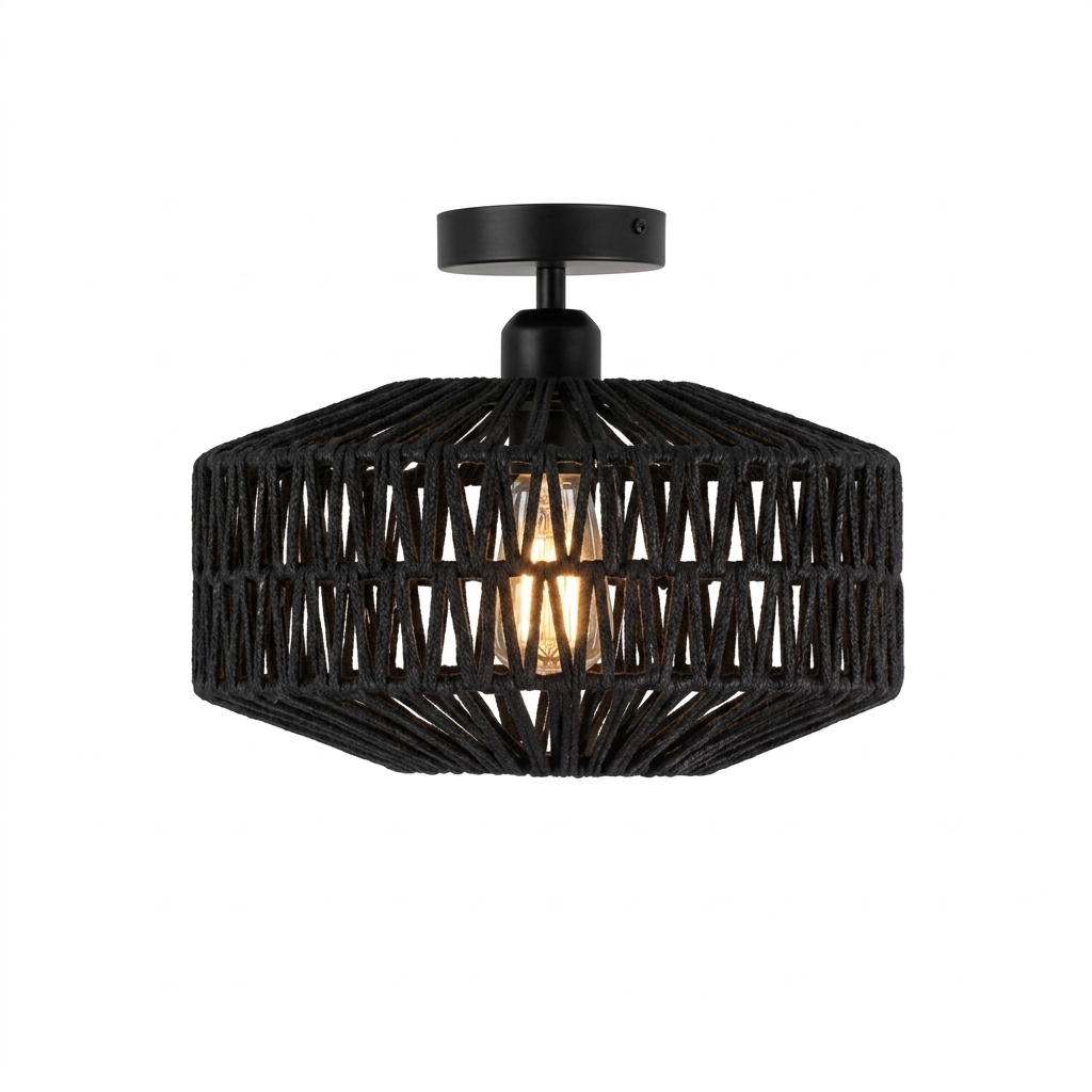 Plafonnier Rotin Tressé Forme Hexagonale 
          Noir Embout Métal Noir Fond Blanc
