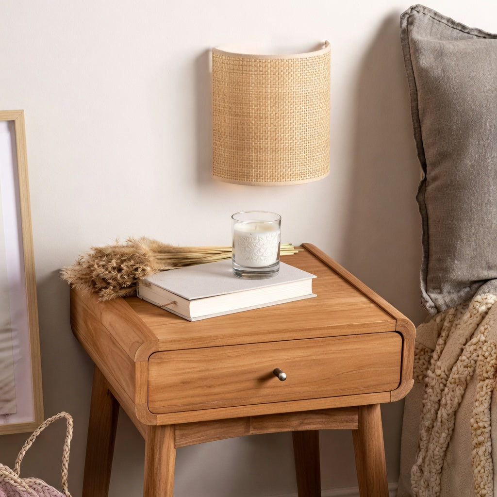 Applique murale en cannage rotin naturel installée au-dessus d'une table de chevet dans une chambre
