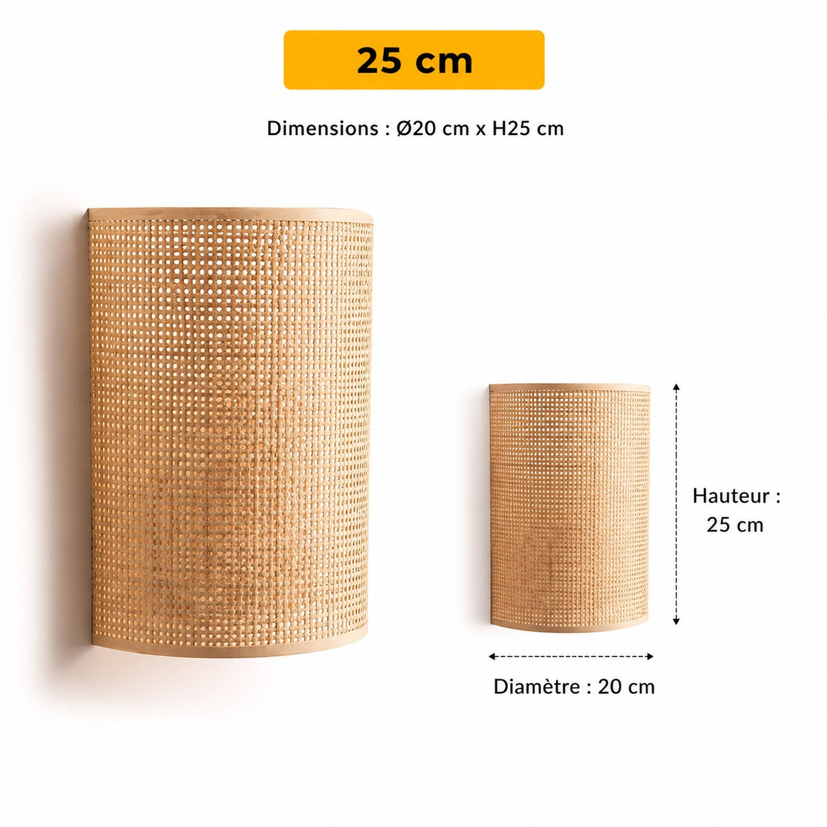 Applique murale cannage rotin naturel avec dimensions diamètre 20 cm hauteur 25 cm
