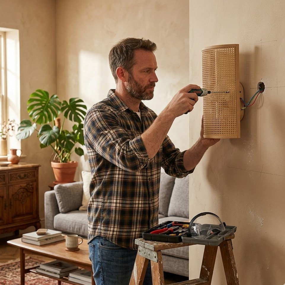 Installation d'une applique murale en cannage rotin naturel dans un salon